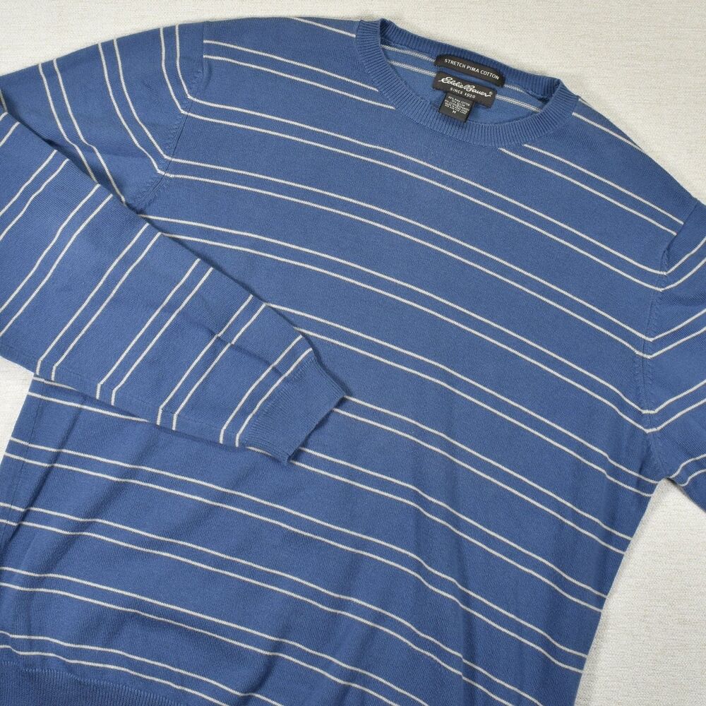 Vintage Eddie Bauer Mens Stretch Pima Cotton Blue Striped Crew Neck Sweater M